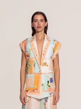 Ranna Gill Pastel Orange & Mint Printed Sleeveless Blazer